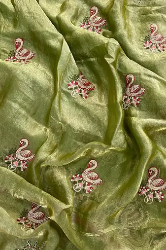green satin silk saree with multicolor thread embroidery work