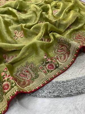 Green Color Thread Embroidery work  Satin Silk Saree 3