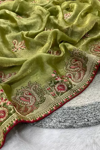 green satin silk saree with multicolor thread embroidery work
