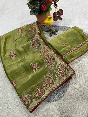 Green Color Thread Embroidery work  Satin Silk Saree 4