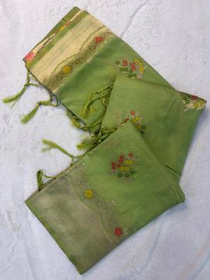Light Green Color jaqurad weveing Work  Georgette Saree 1