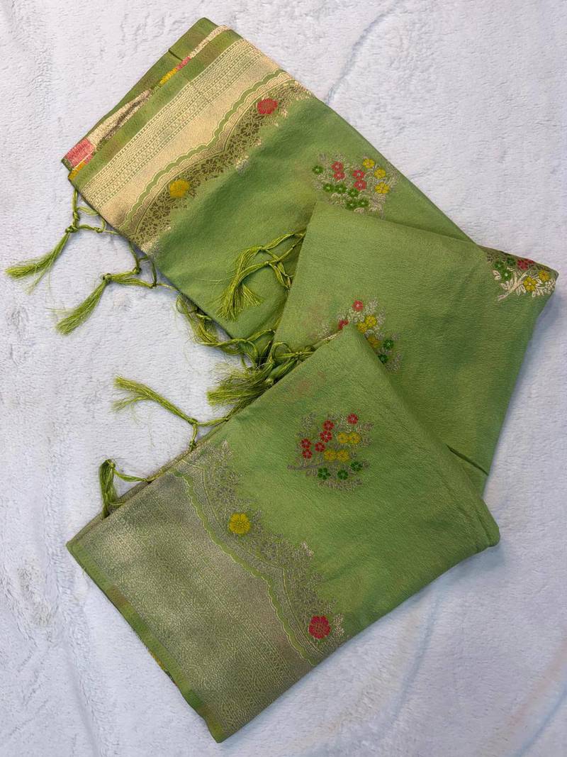 Light Green Color jaqurad weveing Work  Georgette Saree