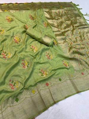 Light Green Color jaqurad weveing Work  Georgette Saree 3