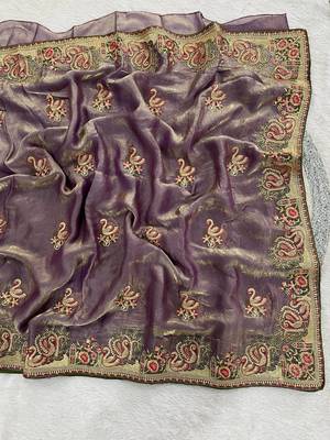 Lavender Color Thread Embroidery work  Satin Silk Saree 1
