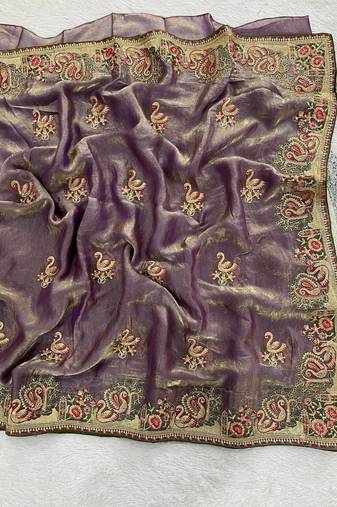 Lavender Color Thread Embroidery work  Satin Silk Saree