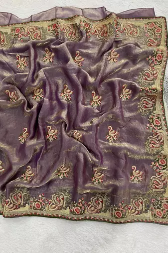 Lavender Color Thread Embroidery work  Satin Silk Saree