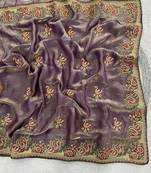 Lavender Color Thread Embroidery work  Satin Silk Saree