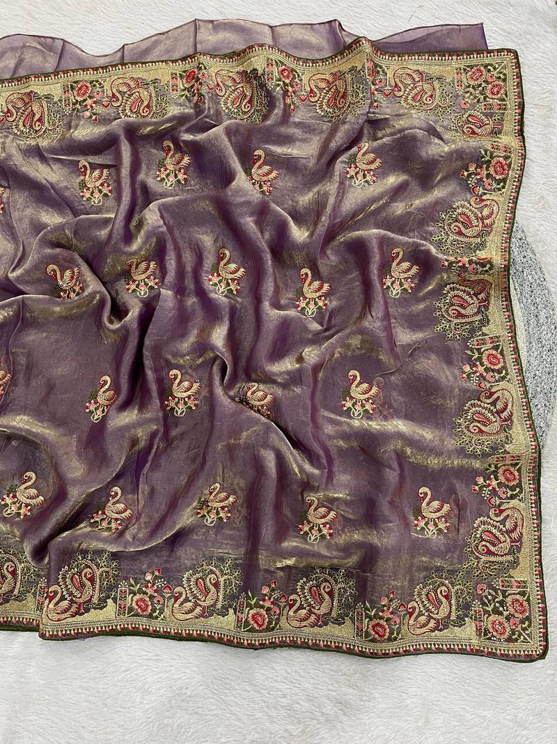 Lavender Color Thread Embroidery work  Satin Silk Saree