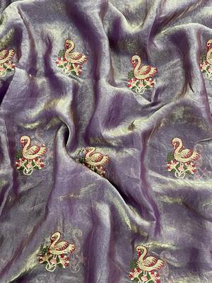 Lavender Color Thread Embroidery work  Satin Silk Saree 2