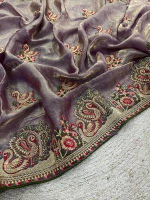 Lavender Color Thread Embroidery work  Satin Silk Saree 3