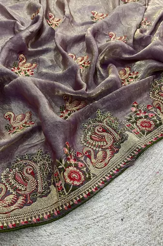 lavender satin silk saree with multicolor thread embroidery work