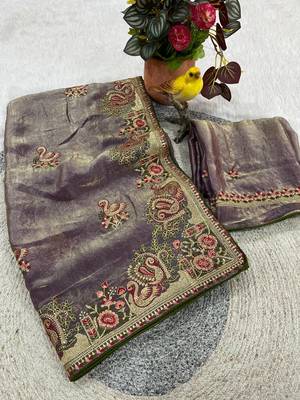 Lavender Color Thread Embroidery work  Satin Silk Saree 4