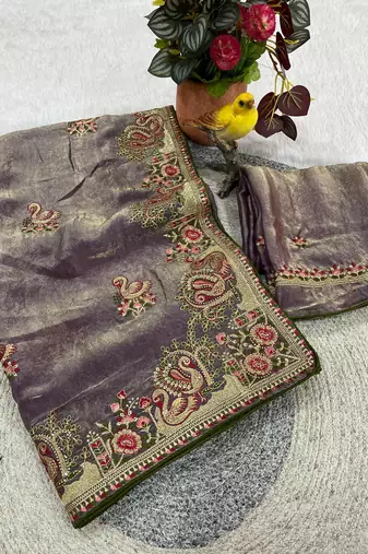 lavender satin silk saree with multicolor thread embroidery work