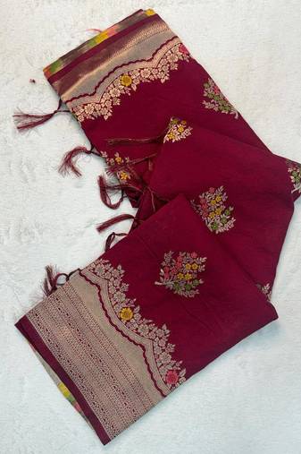Maroon Color jaqurad weveing Work  Georgette Saree