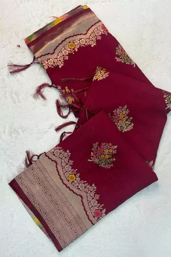 Maroon Color jaqurad weveing Work  Georgette Saree