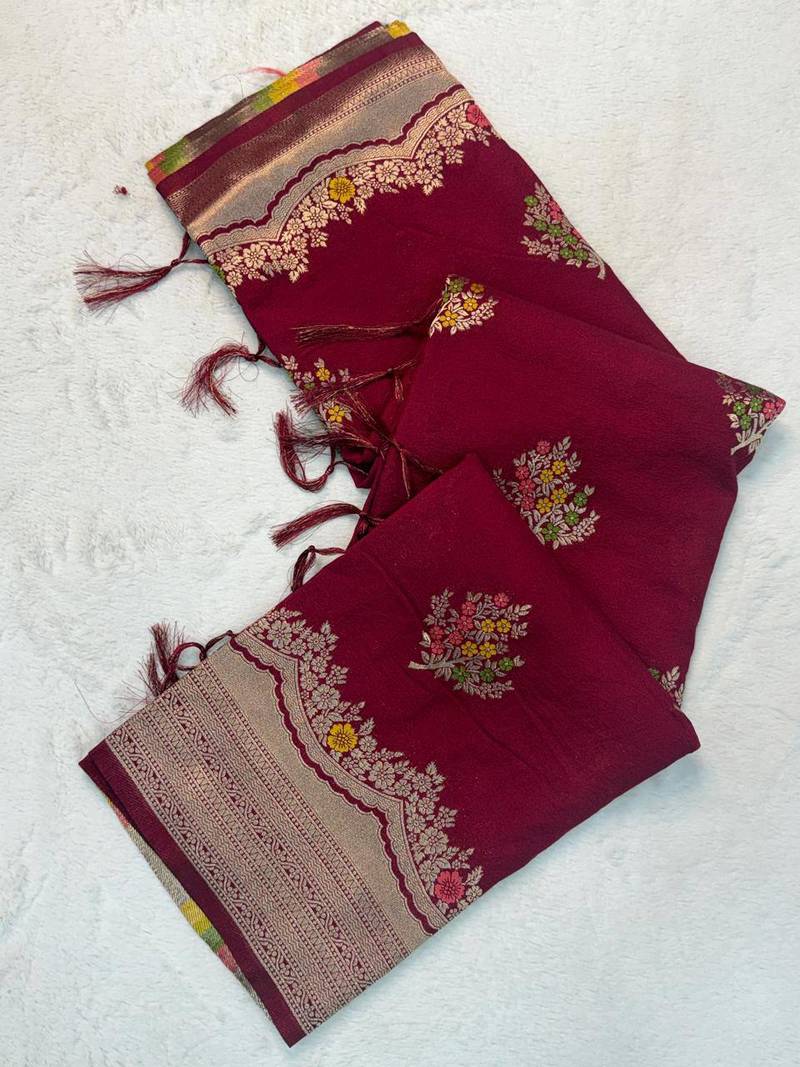 Maroon Color jaqurad weveing Work  Georgette Saree