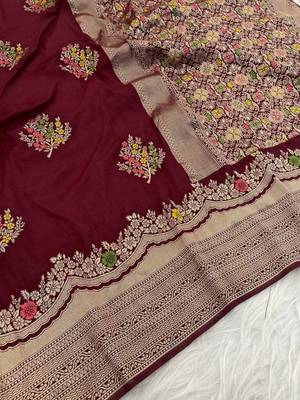 Maroon Color jaqurad weveing Work  Georgette Saree 2