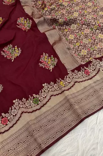 Maroon Color jaqurad weveing Work  Georgette Saree