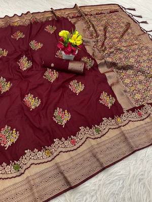 Maroon Color jaqurad weveing Work  Georgette Saree 3
