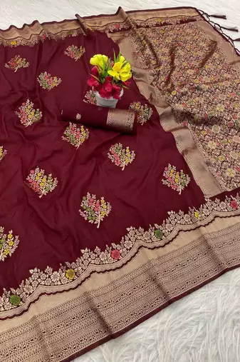 Maroon Color jaqurad weveing Work  Georgette Saree
