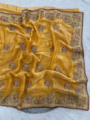 Yellow Color Thread Embroidery work  Satin Silk Saree 1