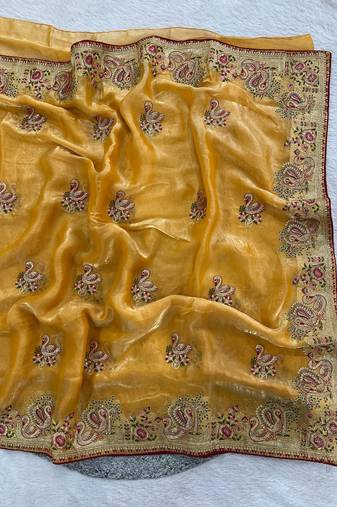 Yellow Color Thread Embroidery work  Satin Silk Saree