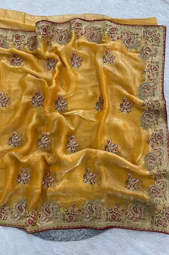 Yellow Color Thread Embroidery work  Satin Silk Saree