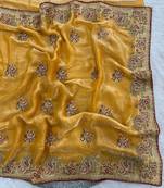 Yellow Color Thread Embroidery work  Satin Silk Saree