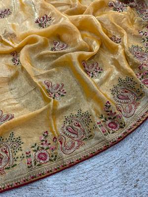 Yellow Color Thread Embroidery work  Satin Silk Saree 2