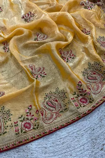 yellow satin silk saree with multicolor thread embroidery work