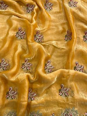Yellow Color Thread Embroidery work  Satin Silk Saree 3