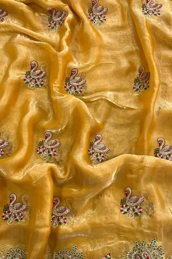 yellow satin silk saree with multicolor thread embroidery work