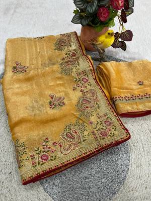 Yellow Color Thread Embroidery work  Satin Silk Saree 4