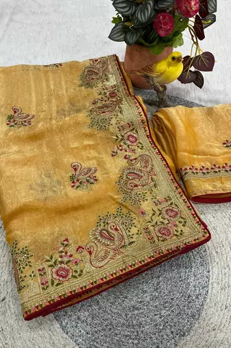 yellow satin silk saree with multicolor thread embroidery work