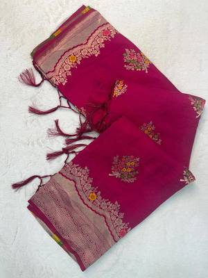 Rani Pink Color jaqurad weveing Work  Georgette Saree 1