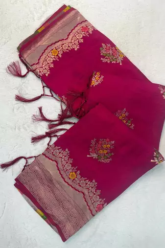 Rani Pink Color jaqurad weveing Work  Georgette Saree