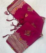 Rani Pink Color jaqurad weveing Work  Georgette Saree