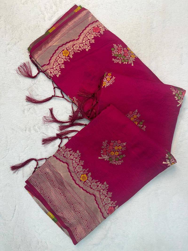 Rani Pink Color jaqurad weveing Work  Georgette Saree