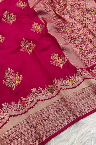 Rani Pink Color jaqurad weveing Work  Georgette Saree