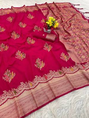 Rani Pink Color jaqurad weveing Work  Georgette Saree 3