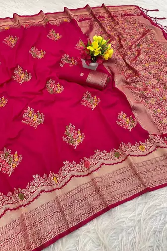 Rani Pink Color jaqurad weveing Work  Georgette Saree