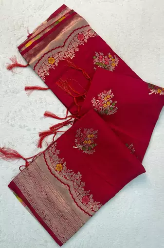Red Color jaqurad weveing Work  Georgette Saree