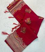 Red Color jaqurad weveing Work  Georgette Saree
