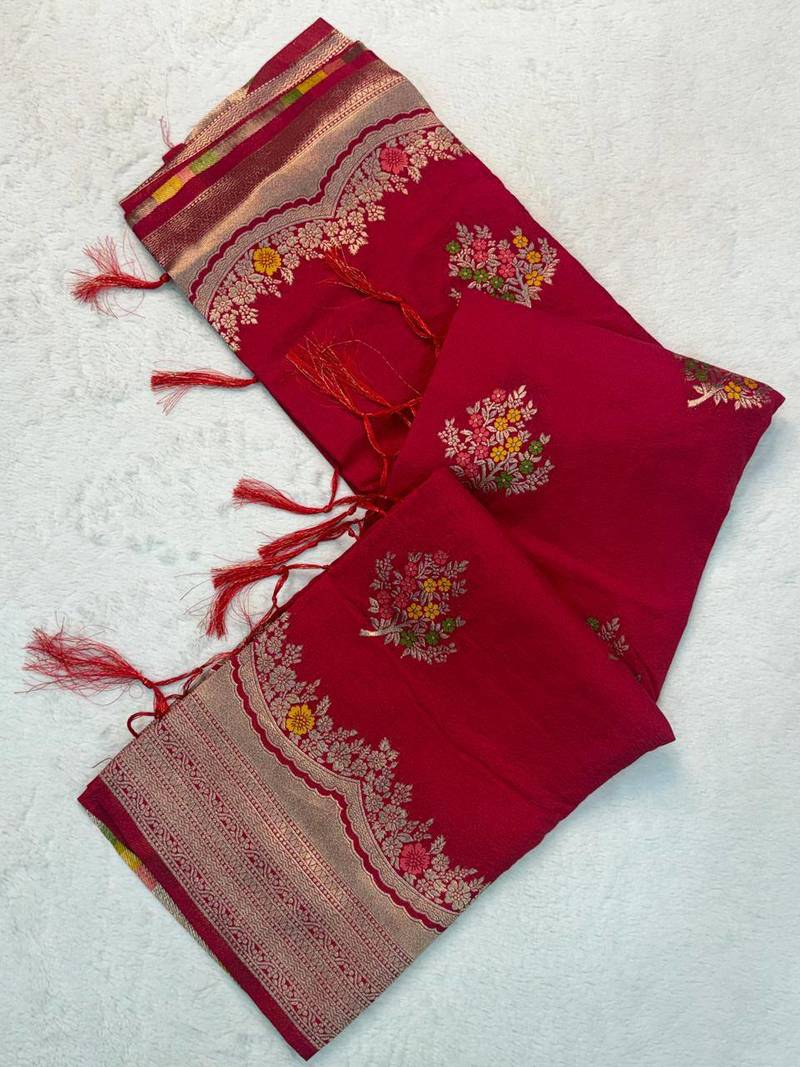 Red Color jaqurad weveing Work  Georgette Saree
