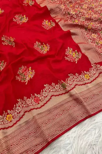 Red Color jaqurad weveing Work  Georgette Saree