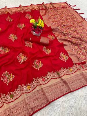 Red Color jaqurad weveing Work  Georgette Saree 3