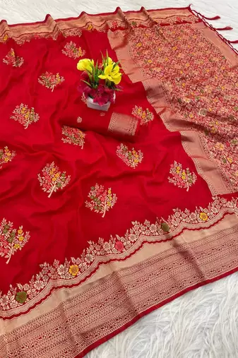 Red Color jaqurad weveing Work  Georgette Saree