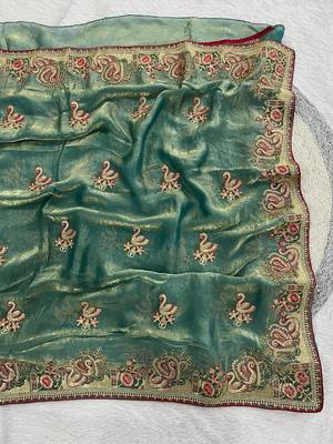 Emerald vColor Thread Embroidery work  Satin Silk Saree 1