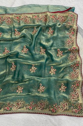 Emerald vColor Thread Embroidery work  Satin Silk Saree