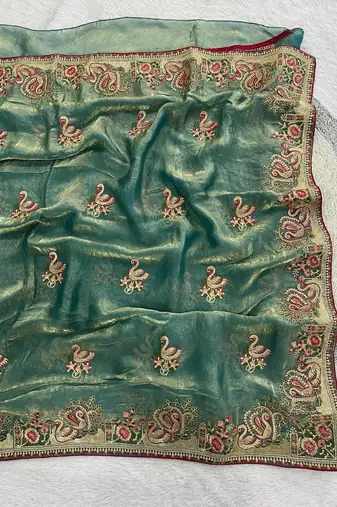 Emerald vColor Thread Embroidery work  Satin Silk Saree